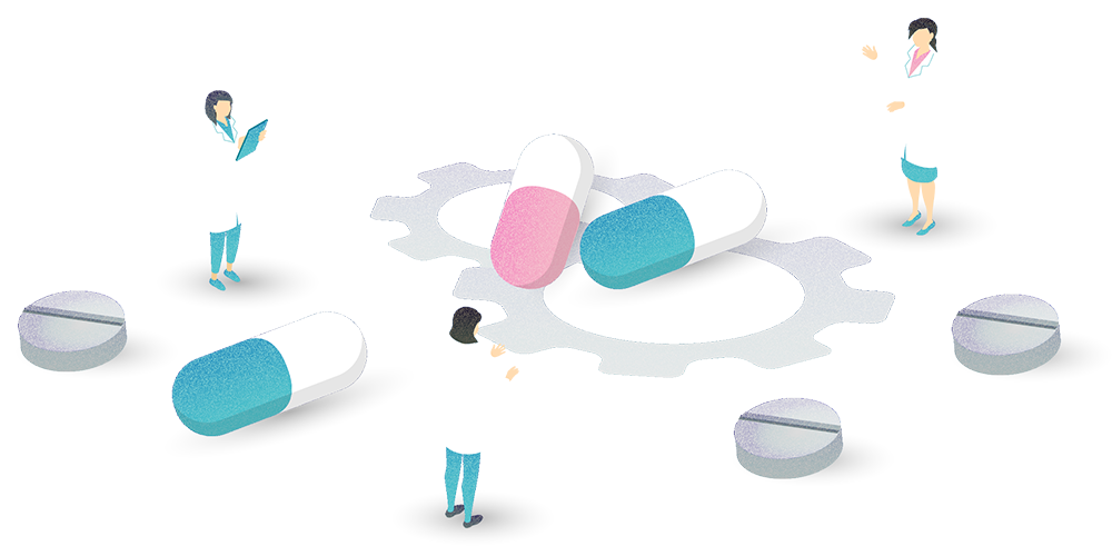 イラスト:薬について議論する三人の白衣を来た人のイメージ